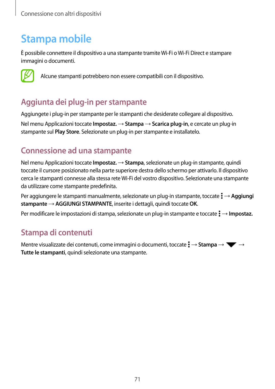 Samsung SM-G531FZAAPHN, SM-G531FZAAPLS Stampa mobile, Aggiunta dei plug-in per stampante, Connessione ad una stampante 