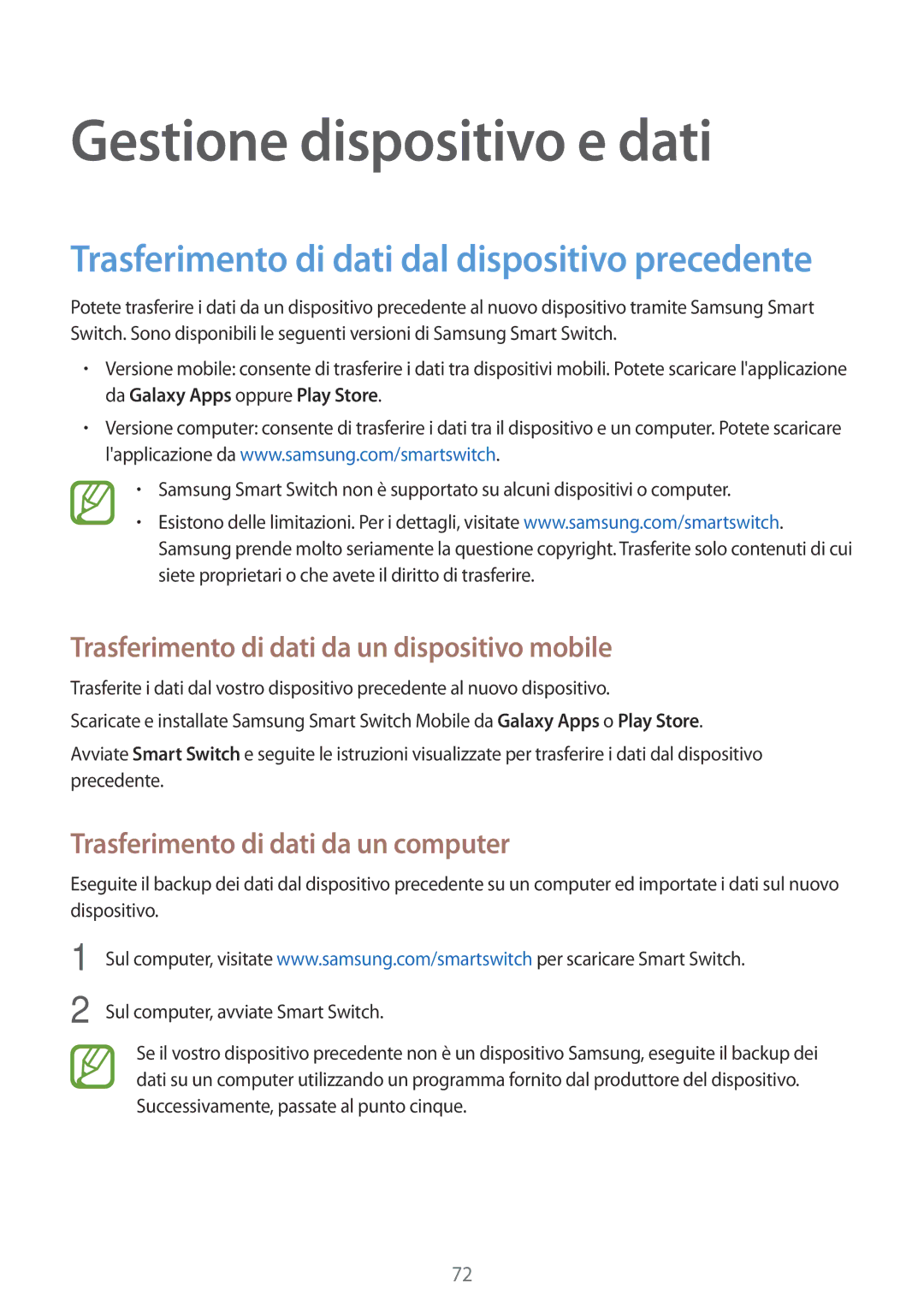 Samsung SM-G531FZWATIM, SM-G531FZAAPLS manual Gestione dispositivo e dati, Trasferimento di dati da un dispositivo mobile 