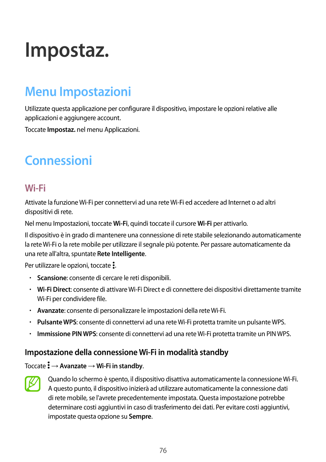 Samsung SM-G531FZAAHUI Menu Impostazioni, Connessioni, Impostazione della connessione Wi-Fi in modalità standby 