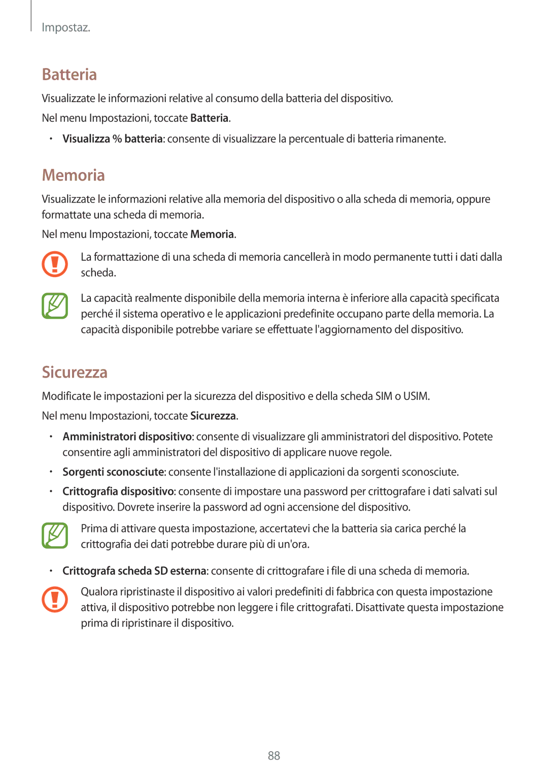 Samsung SM-G531FZWADPL, SM-G531FZAAPLS, SM-G531FZAATUR, SM-G531FZAADPL, SM-G531FZWAIDE manual Batteria, Memoria, Sicurezza 