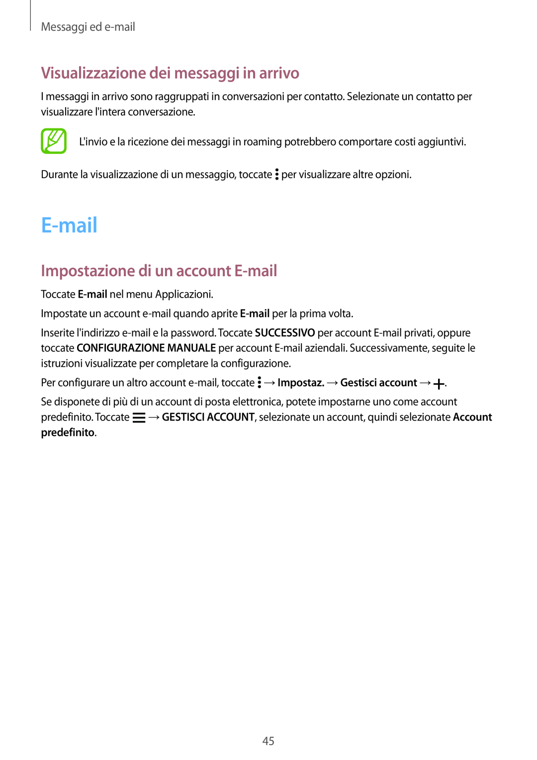 Samsung SM-G531FZAAPHN Visualizzazione dei messaggi in arrivo, Impostazione di un account E-mail, Messaggi ed e-mail 