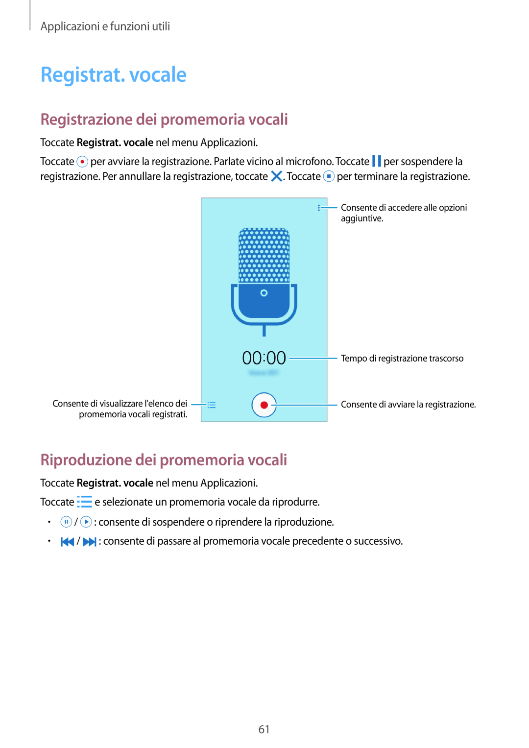 Samsung SM-G531FZWAPLS manual Registrat. vocale, Registrazione dei promemoria vocali, Riproduzione dei promemoria vocali 