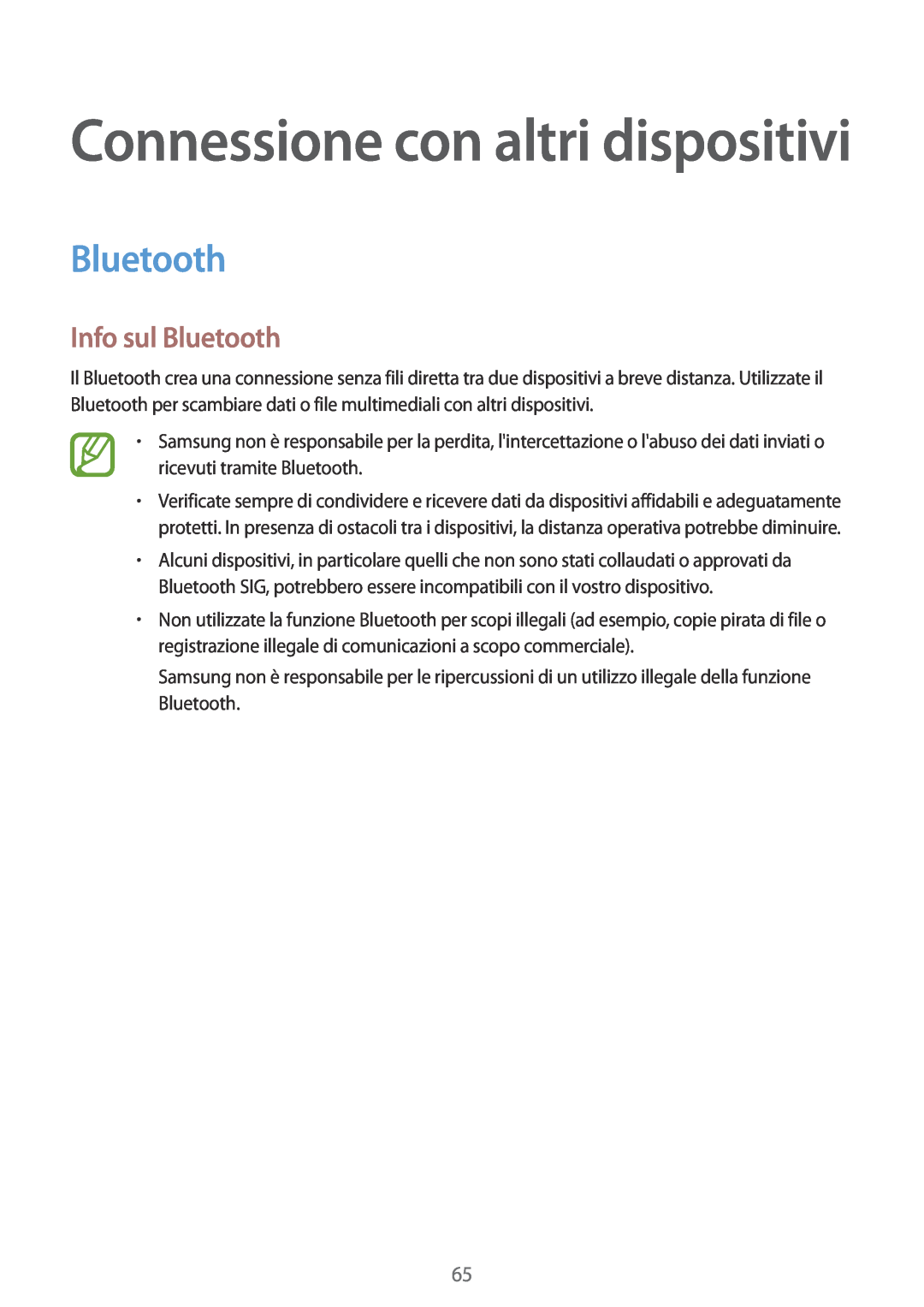 Samsung SM-G531FZAAPRT, SM-G531FZAAPLS, SM-G531FZAATUR manual Info sul Bluetooth, Connessione con altri dispositivi 