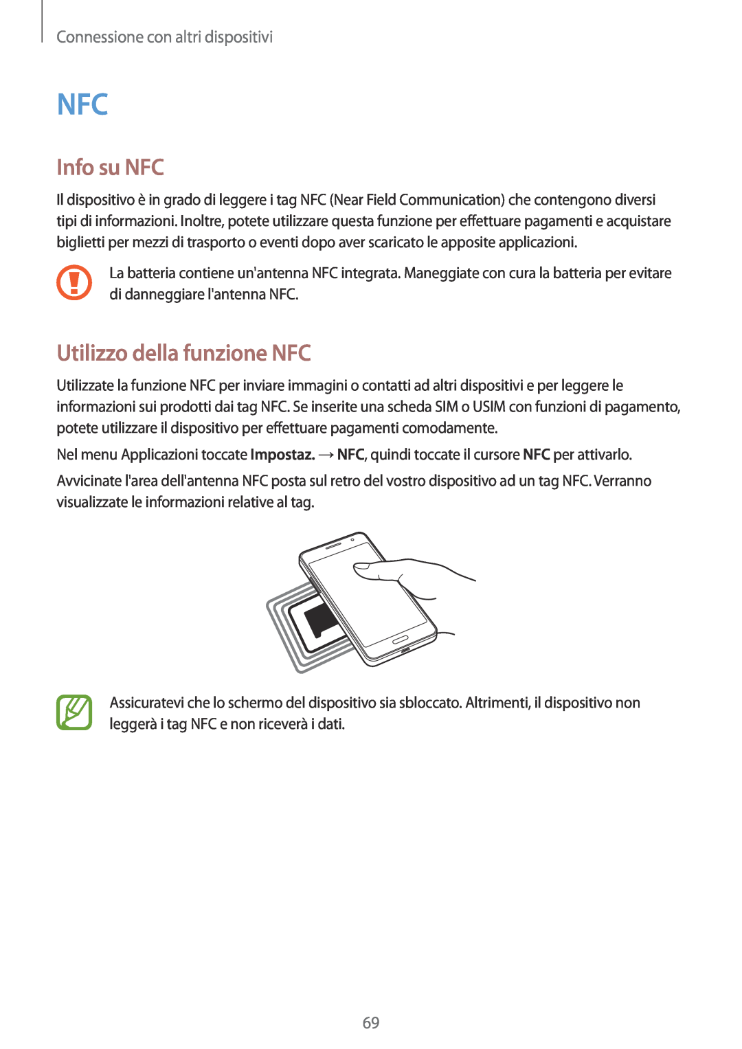 Samsung SM-G531FZWAXEO, SM-G531FZAAPLS manual Info su NFC, Utilizzo della funzione NFC, Connessione con altri dispositivi 