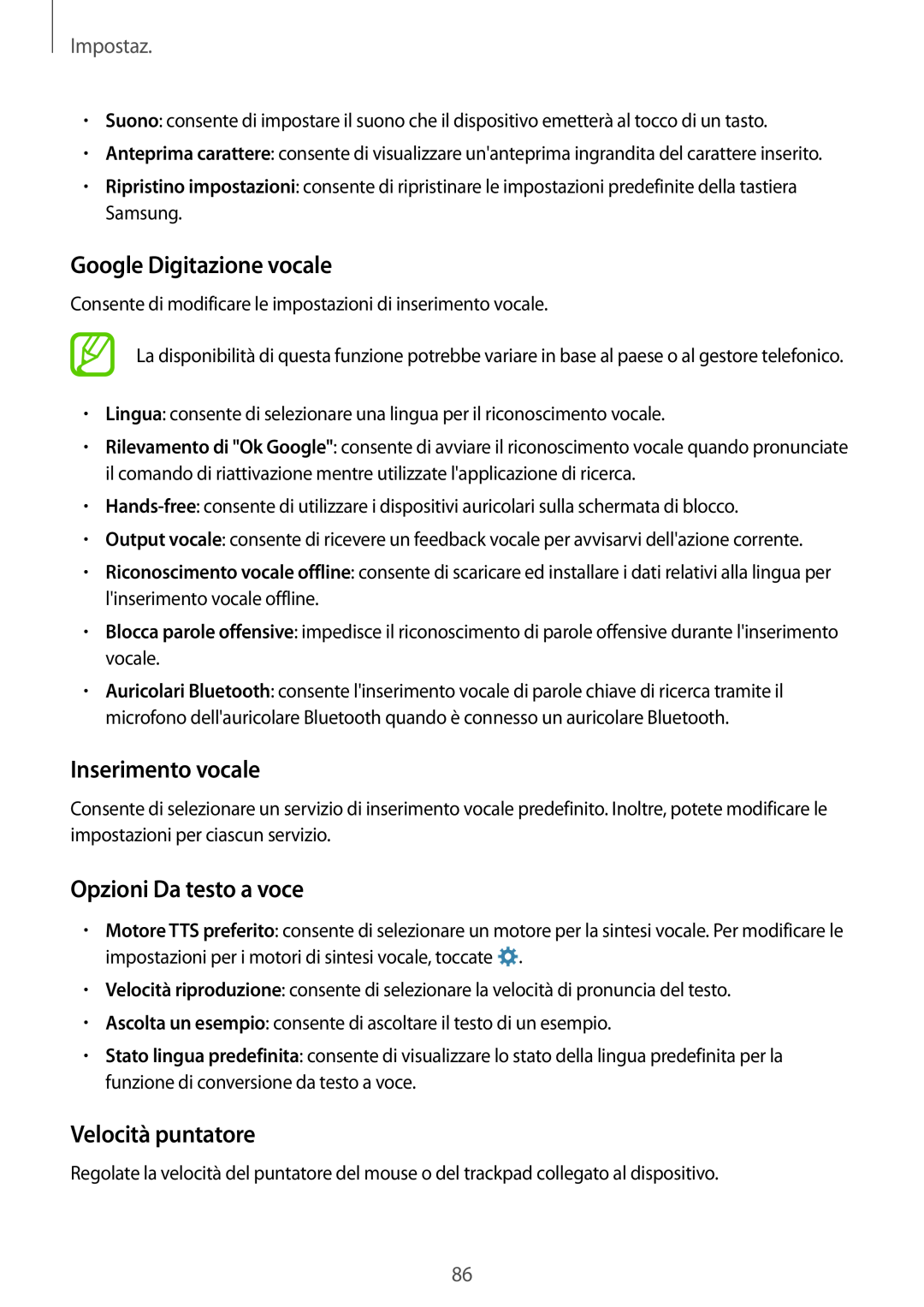Samsung SM-G531FZDAIDE manual Google Digitazione vocale, Inserimento vocale, Opzioni Da testo a voce, Velocità puntatore 