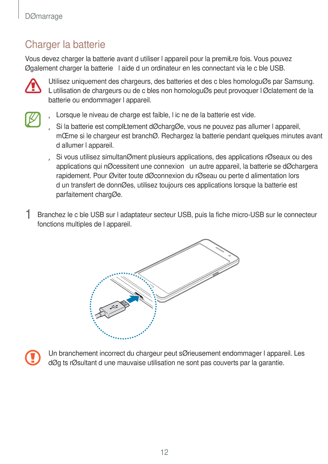 Samsung SM-G531FZDAXEF, SM-G531FZWAXEF, SM-G531FZAAXEF manual Charger la batterie 