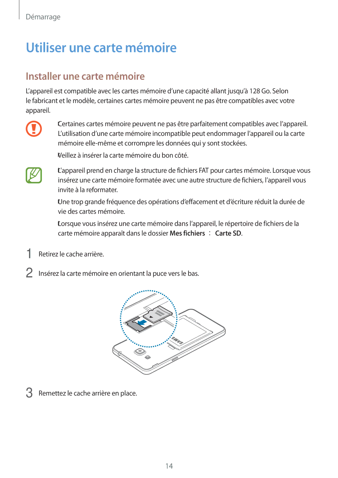 Samsung SM-G531FZAAXEF, SM-G531FZDAXEF, SM-G531FZWAXEF manual Utiliser une carte mémoire, Installer une carte mémoire 