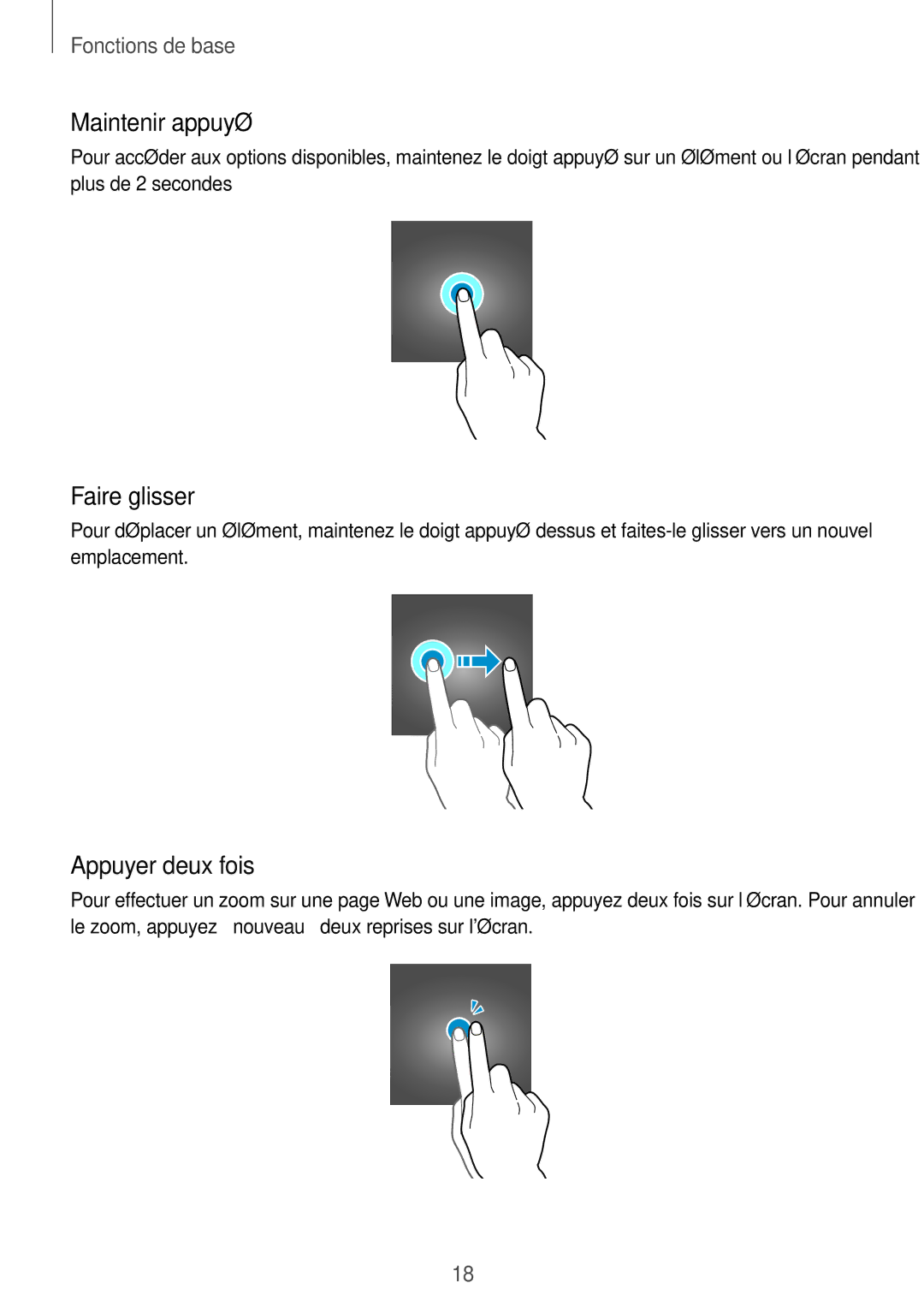 Samsung SM-G531FZDAXEF, SM-G531FZWAXEF, SM-G531FZAAXEF manual Maintenir appuyé, Faire glisser, Appuyer deux fois 