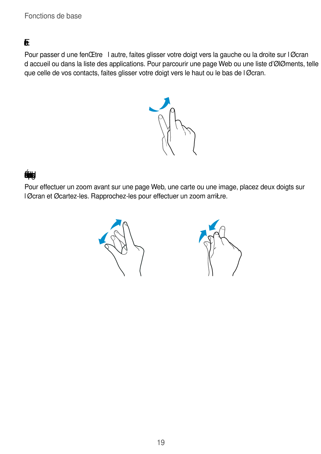 Samsung SM-G531FZWAXEF, SM-G531FZDAXEF, SM-G531FZAAXEF manual Effleurer, Écarter et rapprocher les doigts 