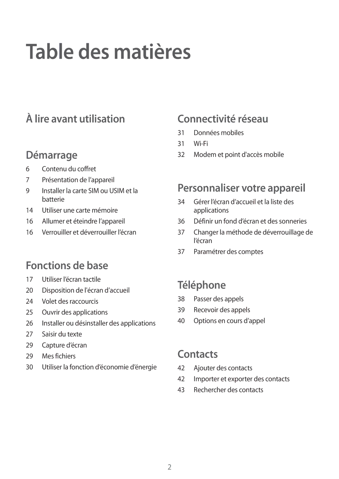 Samsung SM-G531FZAAXEF, SM-G531FZDAXEF, SM-G531FZWAXEF manual Table des matières, Lire avant utilisation Démarrage 