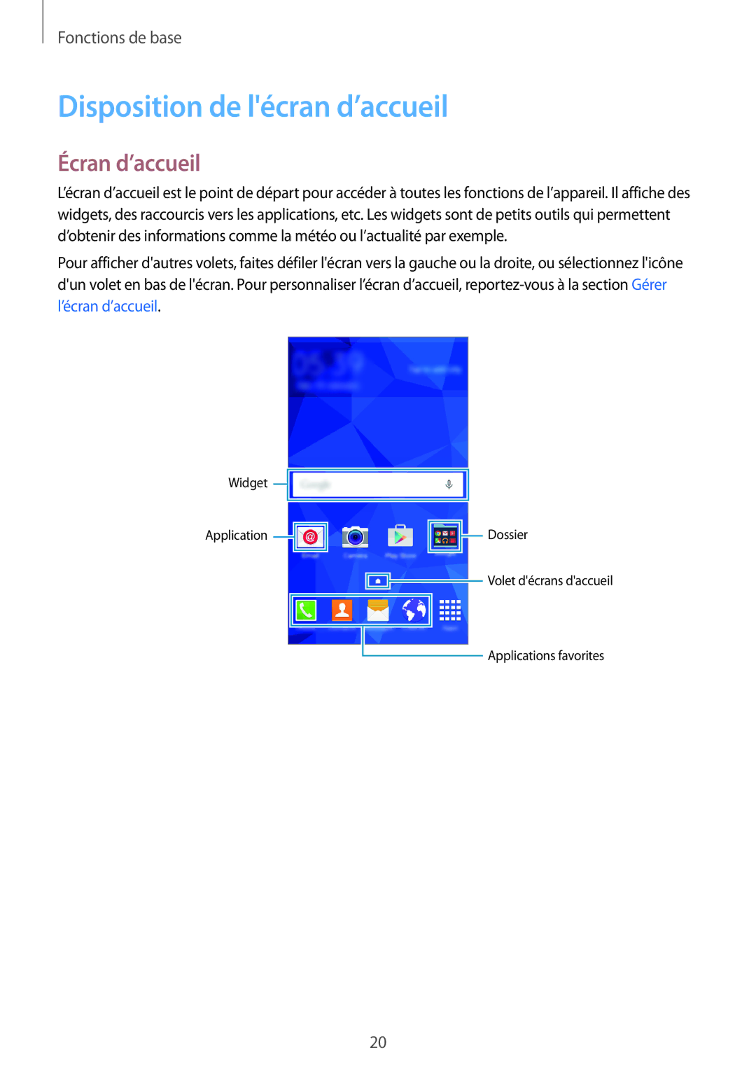 Samsung SM-G531FZAAXEF, SM-G531FZDAXEF, SM-G531FZWAXEF manual Disposition de lécran d’accueil, Écran d’accueil 