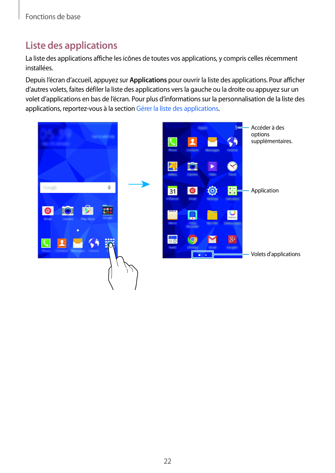 Samsung SM-G531FZWAXEF, SM-G531FZDAXEF, SM-G531FZAAXEF manual Liste des applications 