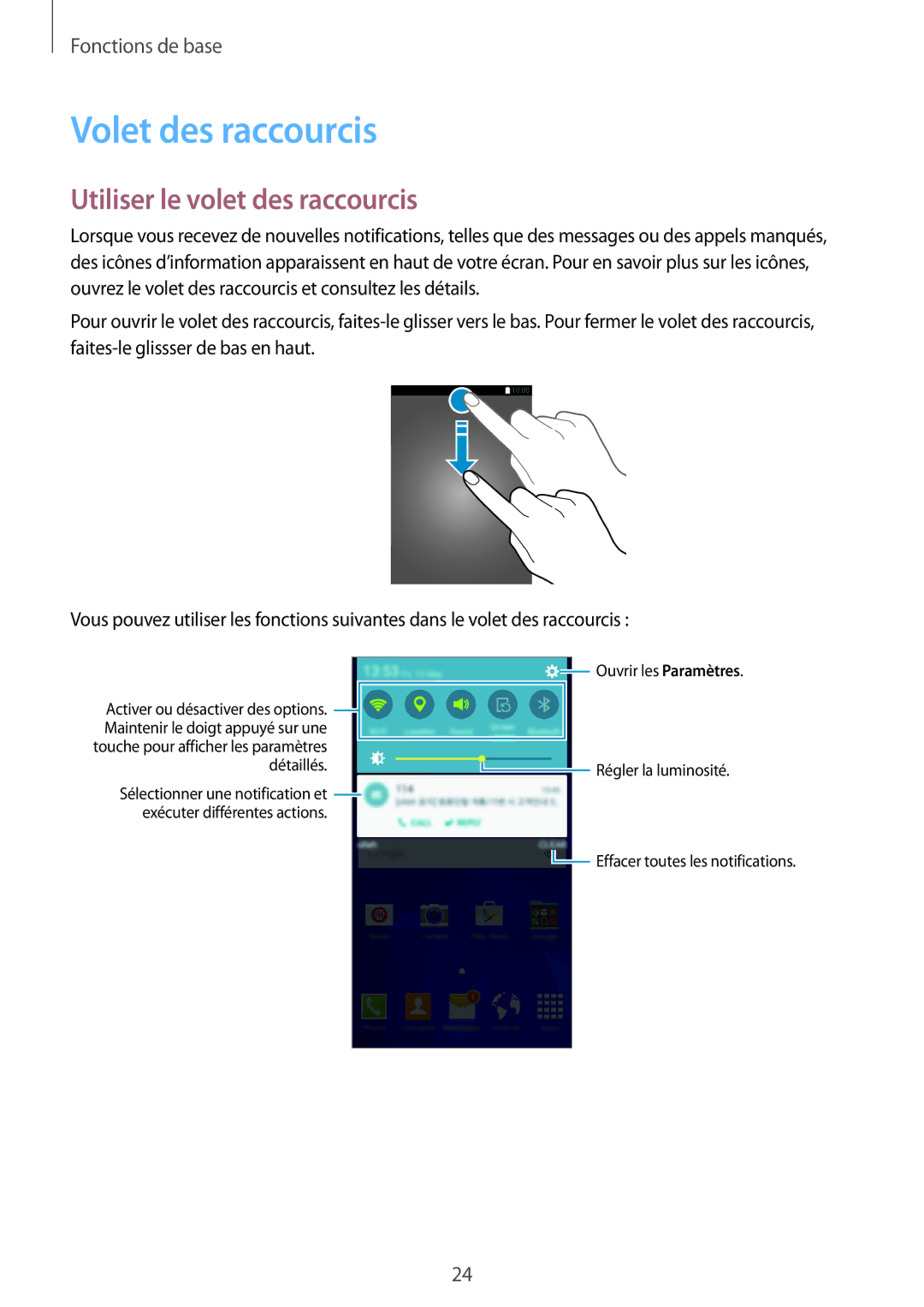 Samsung SM-G531FZDAXEF, SM-G531FZWAXEF, SM-G531FZAAXEF manual Volet des raccourcis, Utiliser le volet des raccourcis 