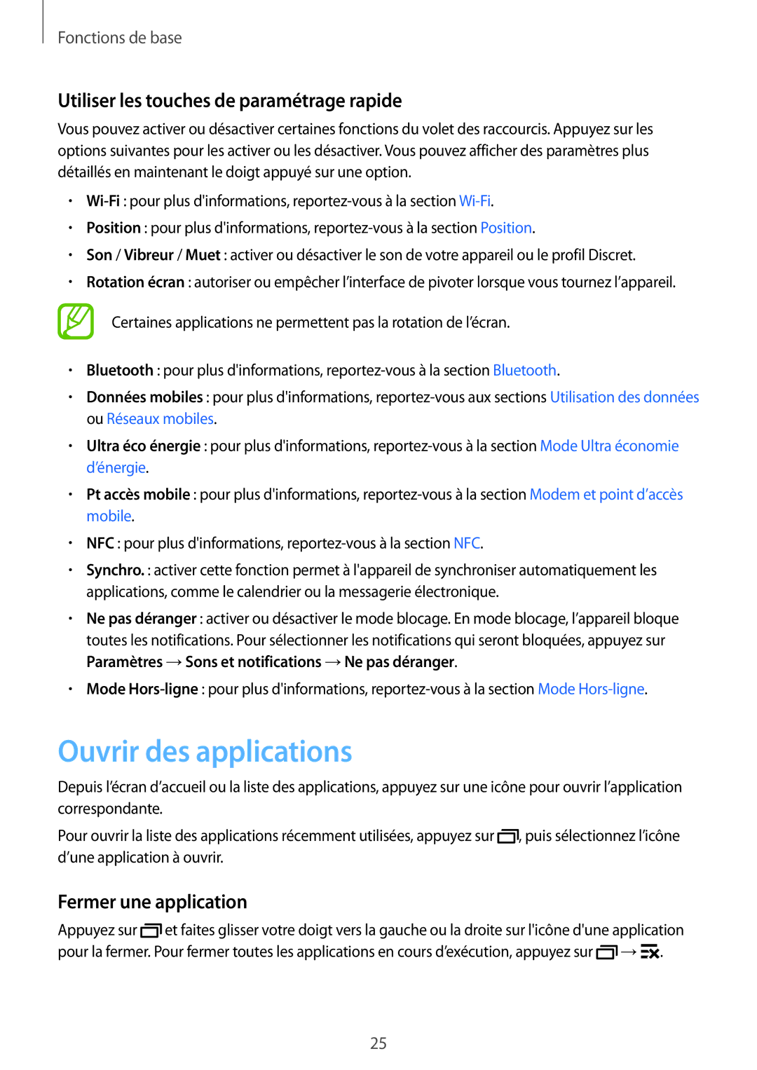 Samsung SM-G531FZWAXEF manual Ouvrir des applications, Utiliser les touches de paramétrage rapide, Fermer une application 