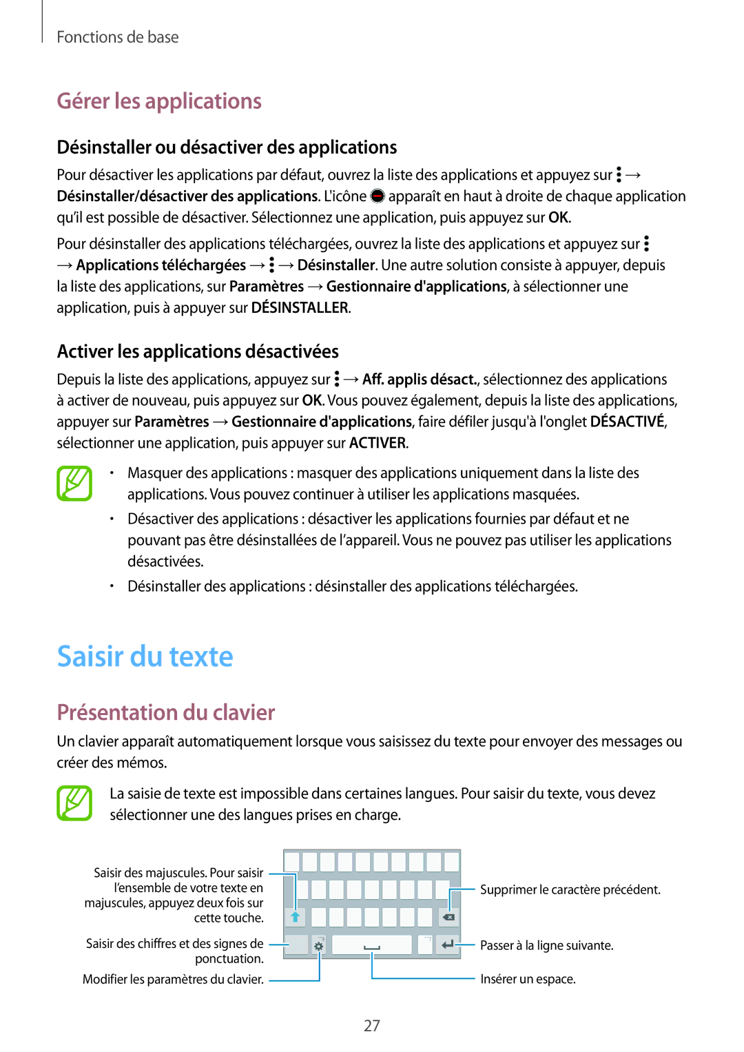 Samsung SM-G531FZDAXEF, SM-G531FZWAXEF, SM-G531FZAAXEF Saisir du texte, Gérer les applications, Présentation du clavier 