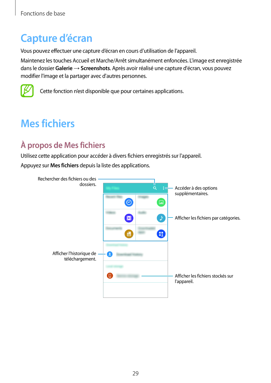 Samsung SM-G531FZAAXEF, SM-G531FZDAXEF, SM-G531FZWAXEF manual Capture d’écran, Propos de Mes fichiers 