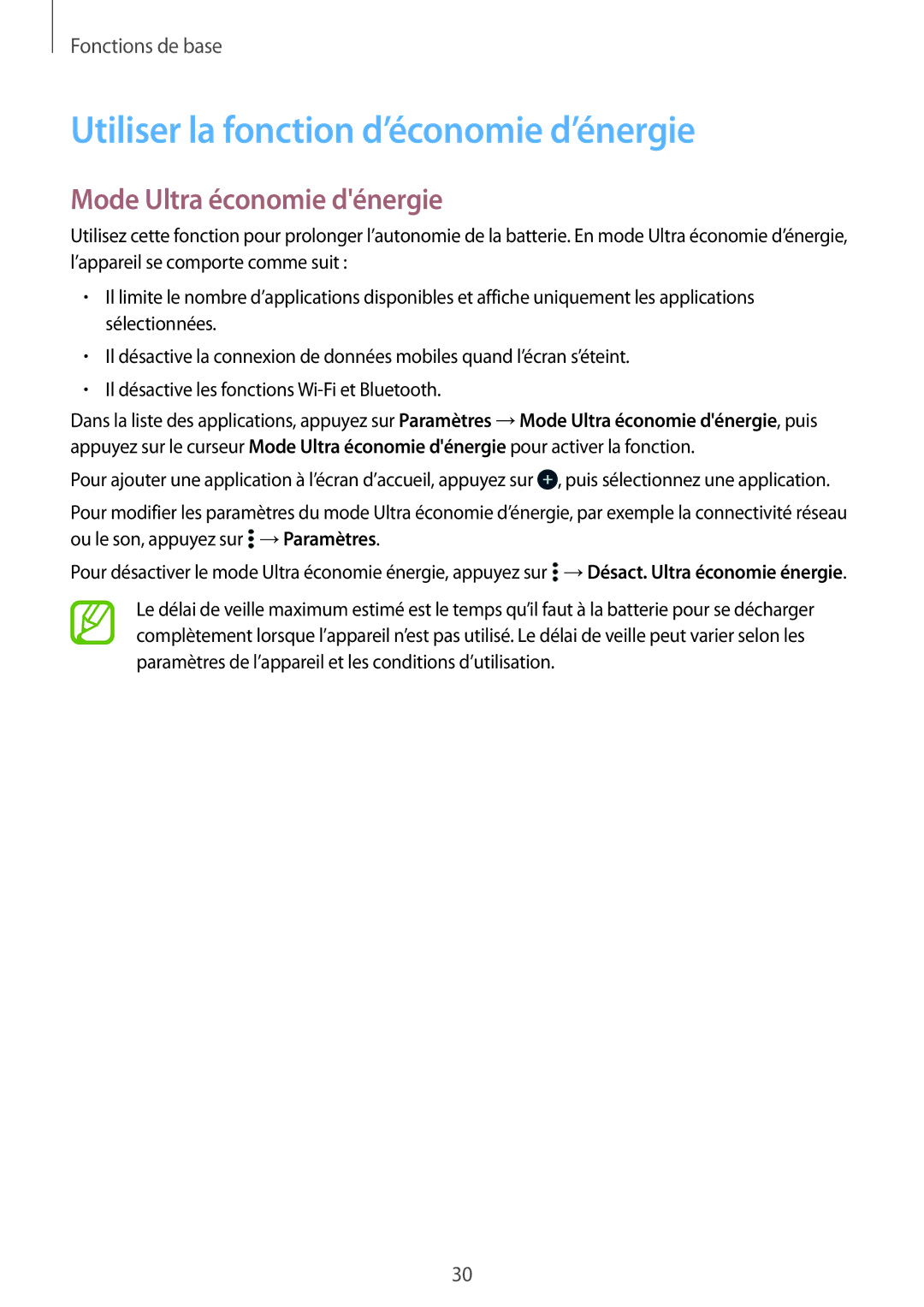 Samsung SM-G531FZDAXEF, SM-G531FZWAXEF manual Utiliser la fonction d’économie d’énergie, Mode Ultra économie dénergie 