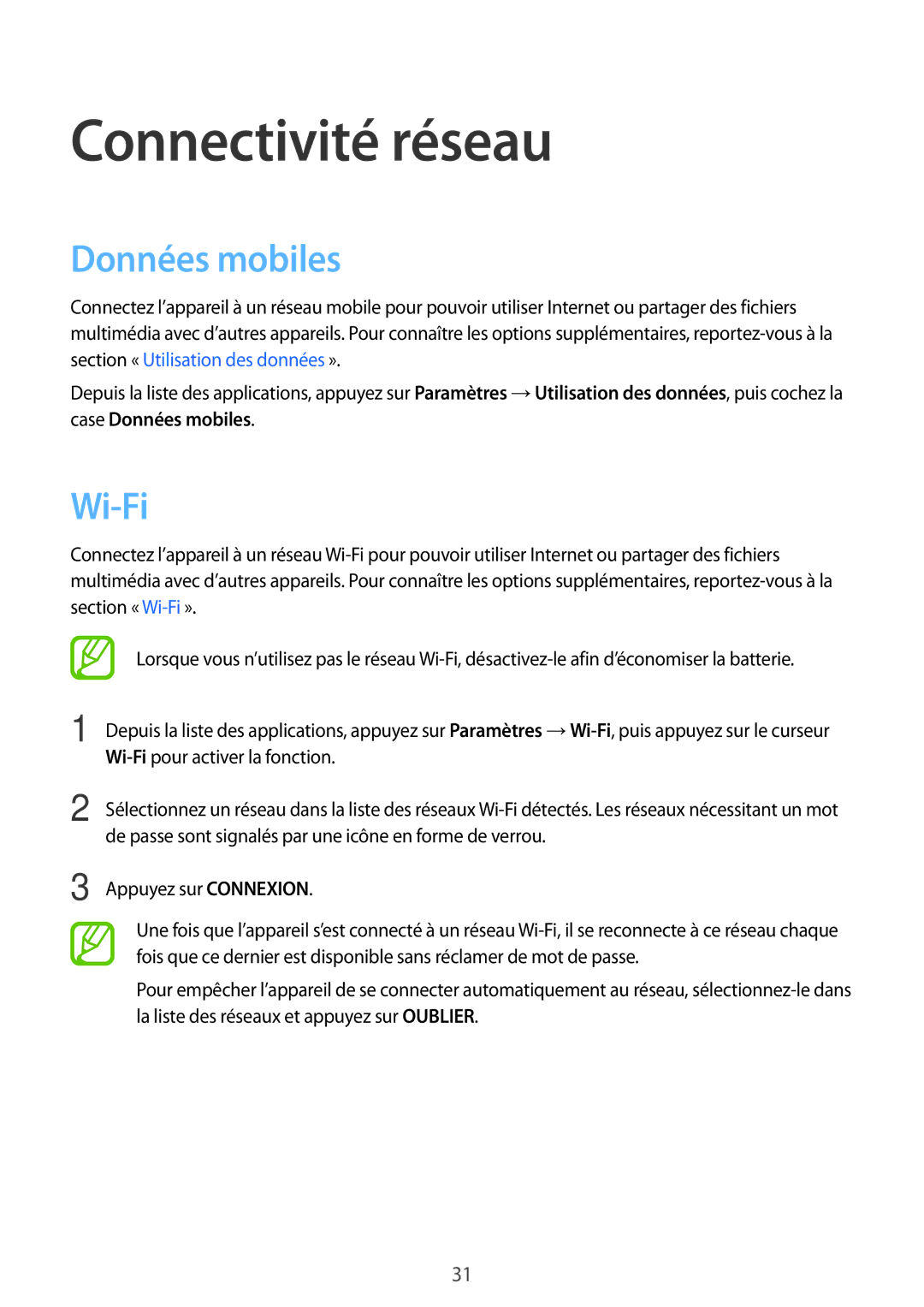 Samsung SM-G531FZWAXEF, SM-G531FZDAXEF, SM-G531FZAAXEF manual Connectivité réseau, Données mobiles, Wi-Fi 