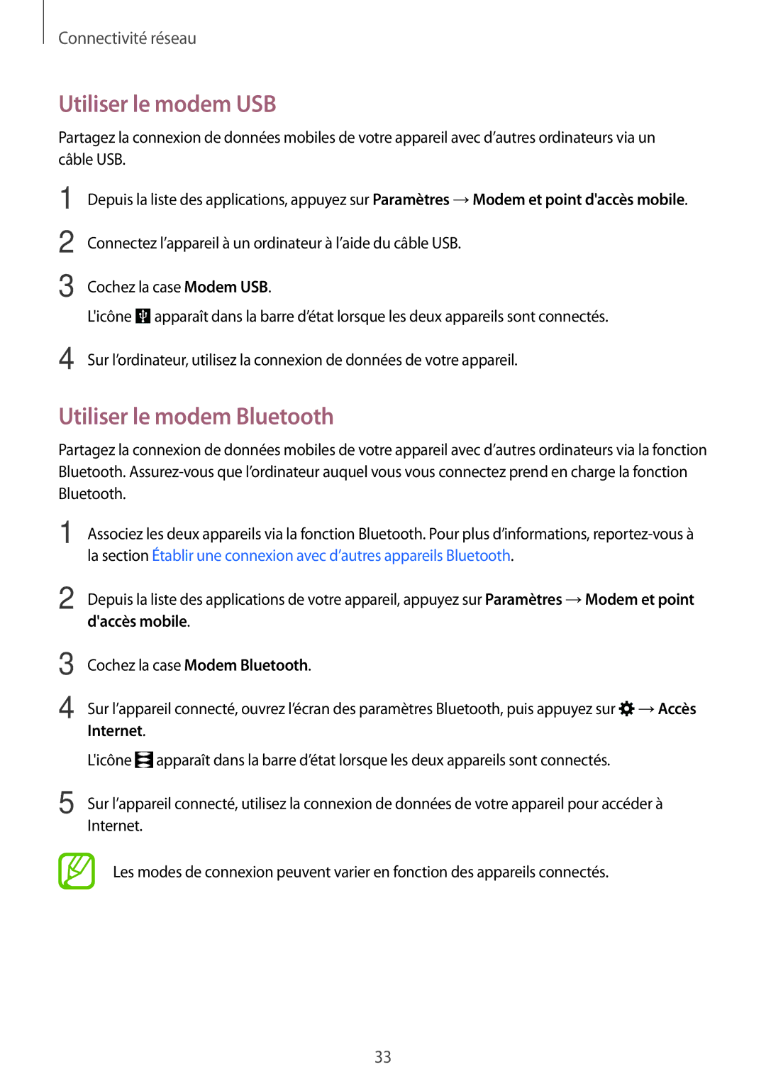 Samsung SM-G531FZDAXEF, SM-G531FZWAXEF, SM-G531FZAAXEF manual Utiliser le modem USB, Utiliser le modem Bluetooth 