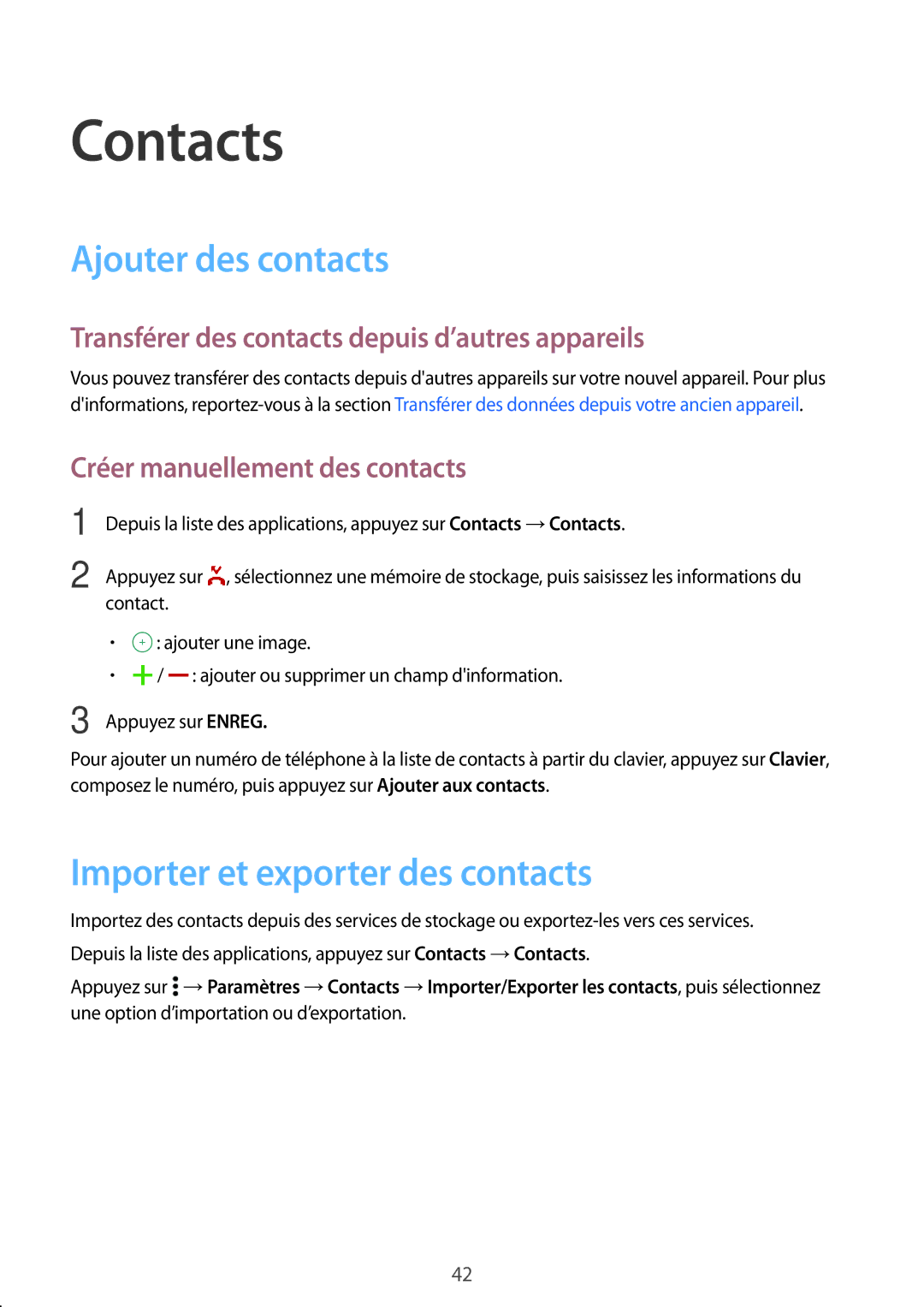 Samsung SM-G531FZDAXEF Contacts, Ajouter des contacts, Importer et exporter des contacts, Créer manuellement des contacts 