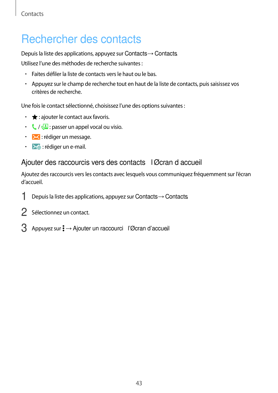 Samsung SM-G531FZWAXEF manual Rechercher des contacts, Ajouter des raccourcis vers des contacts à l’écran d’accueil 