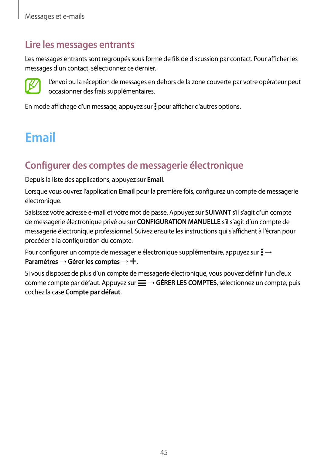 Samsung SM-G531FZDAXEF, SM-G531FZWAXEF manual Lire les messages entrants, Configurer des comptes de messagerie électronique 