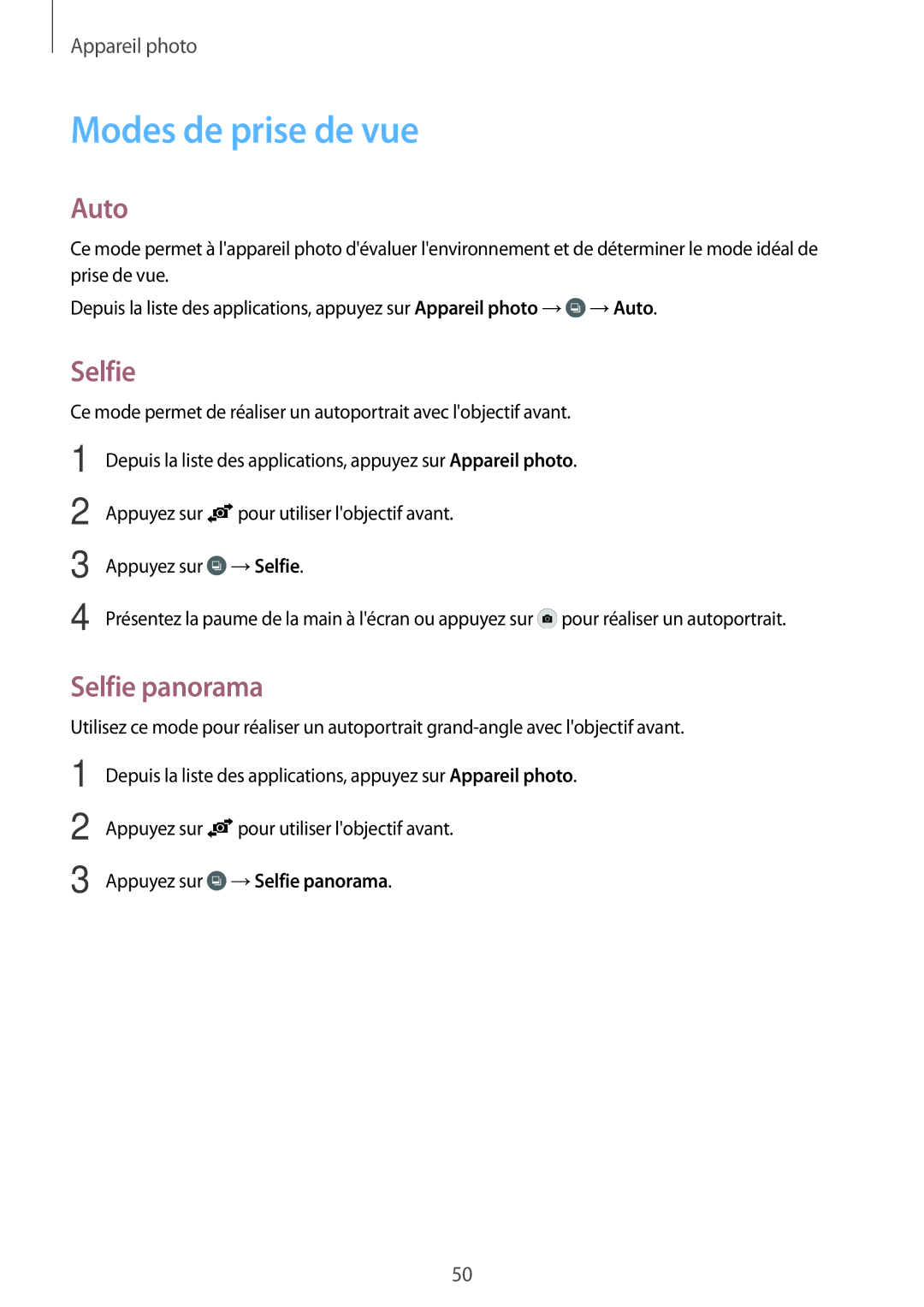 Samsung SM-G531FZAAXEF, SM-G531FZDAXEF, SM-G531FZWAXEF manual Modes de prise de vue, Auto, Selfie panorama 