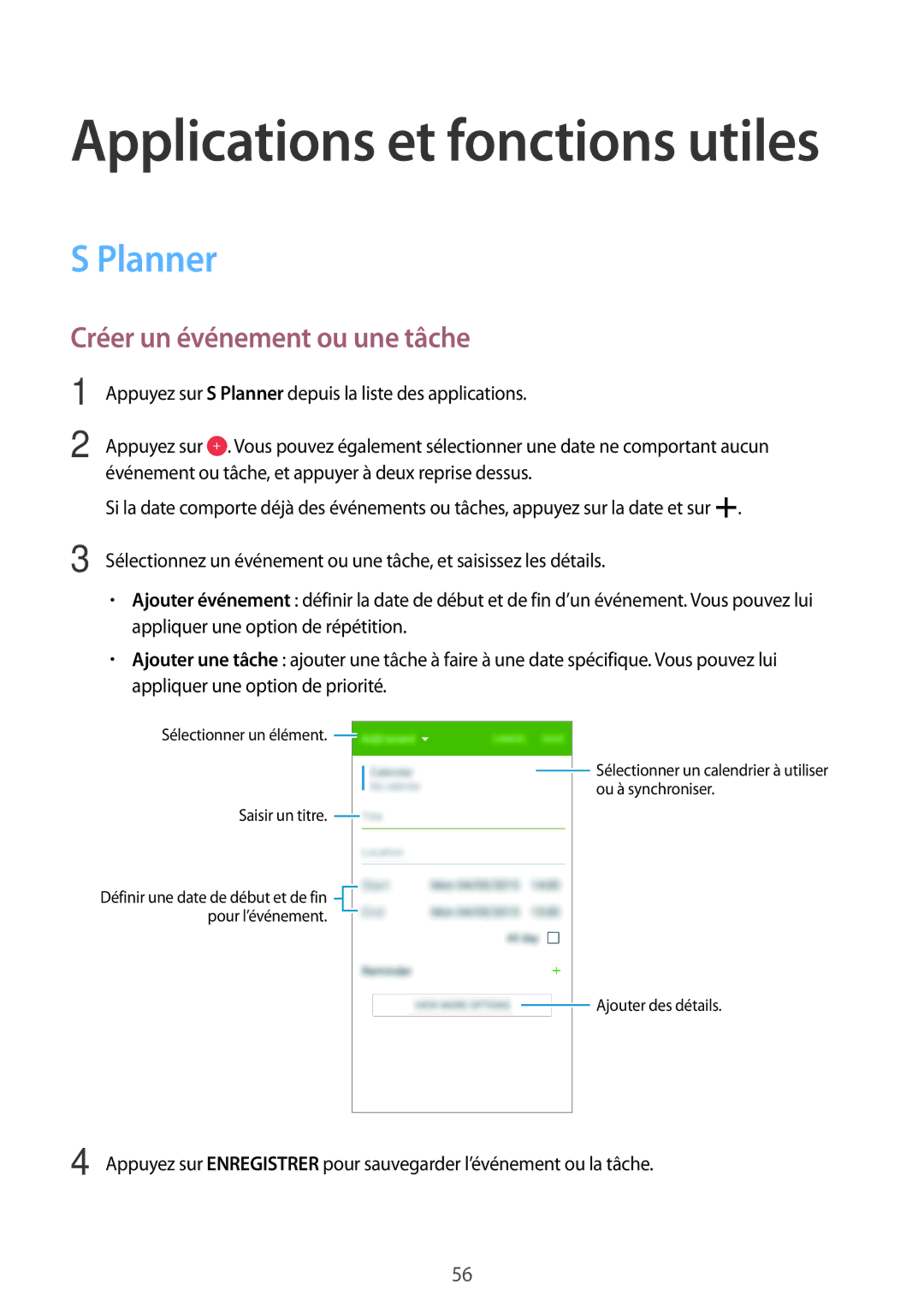 Samsung SM-G531FZAAXEF, SM-G531FZDAXEF, SM-G531FZWAXEF manual Planner, Créer un événement ou une tâche 