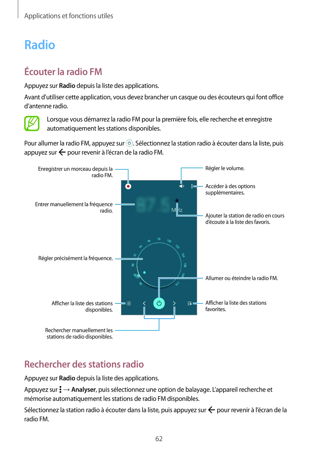 Samsung SM-G531FZAAXEF, SM-G531FZDAXEF, SM-G531FZWAXEF manual Radio, Écouter la radio FM, Rechercher des stations radio 