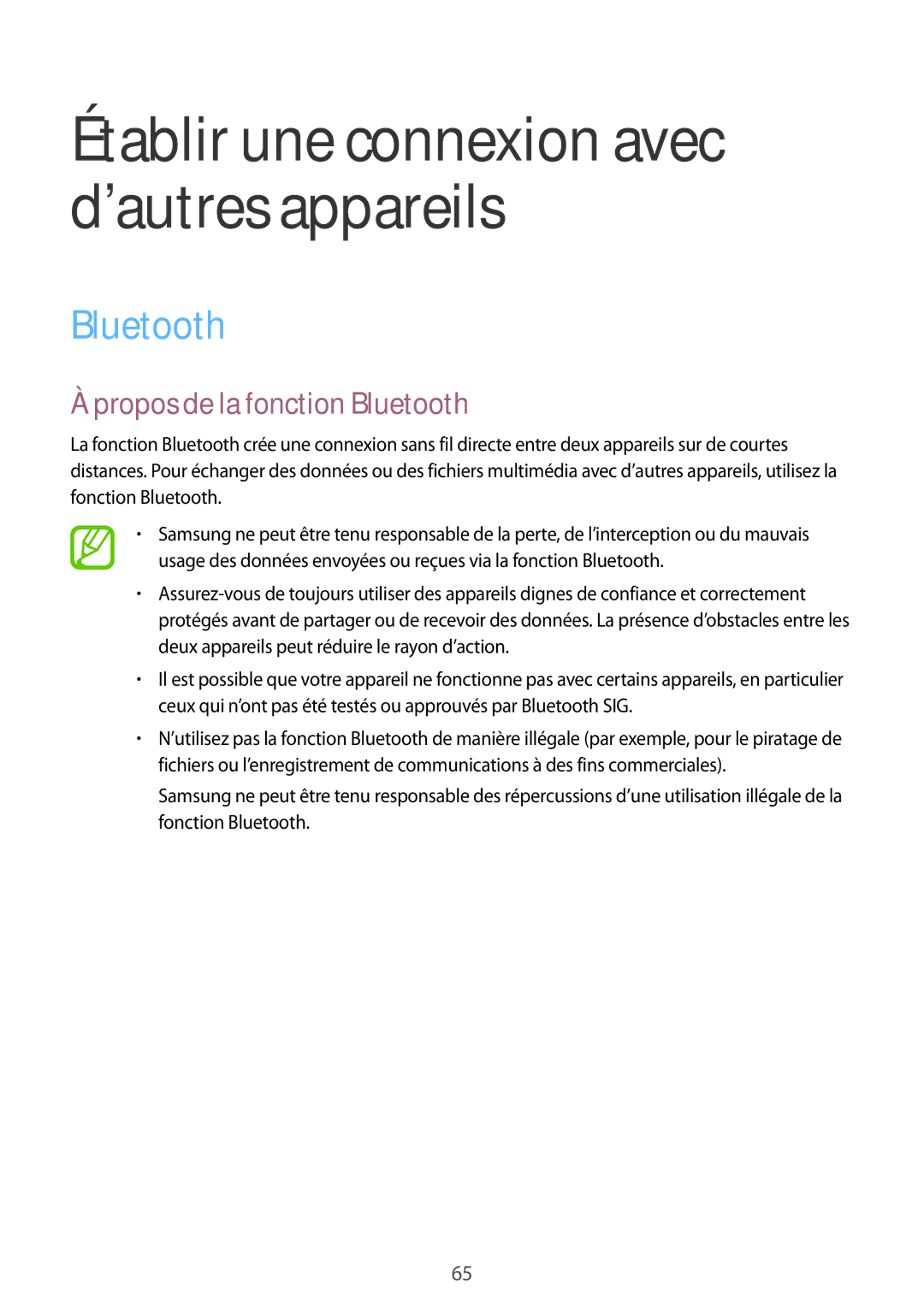 Samsung SM-G531FZAAXEF, SM-G531FZDAXEF, SM-G531FZWAXEF manual Propos de la fonction Bluetooth 