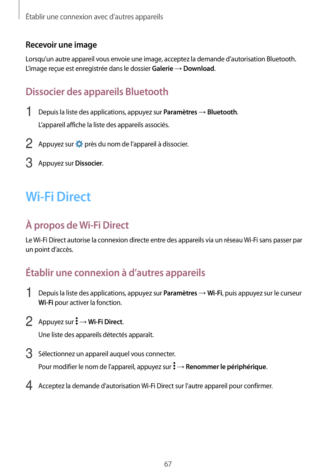 Samsung SM-G531FZWAXEF, SM-G531FZDAXEF Dissocier des appareils Bluetooth, Propos de Wi-Fi Direct, Recevoir une image 