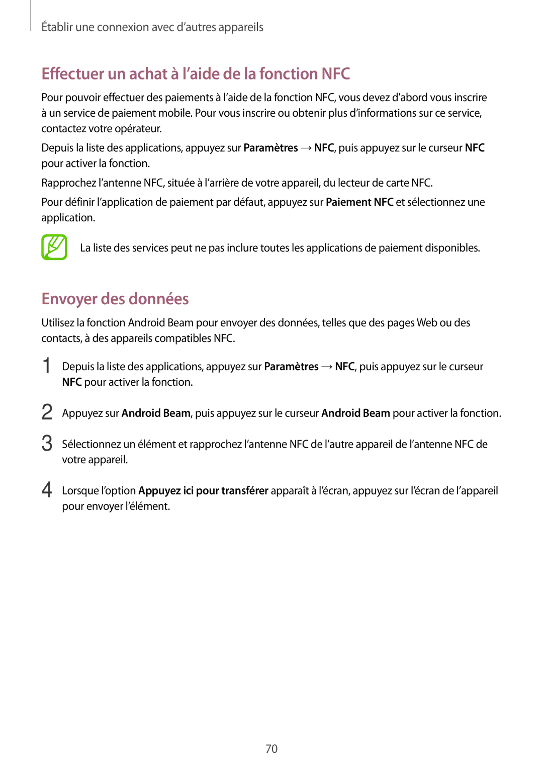 Samsung SM-G531FZWAXEF, SM-G531FZDAXEF, SM-G531FZAAXEF Effectuer un achat à l’aide de la fonction NFC, Envoyer des données 