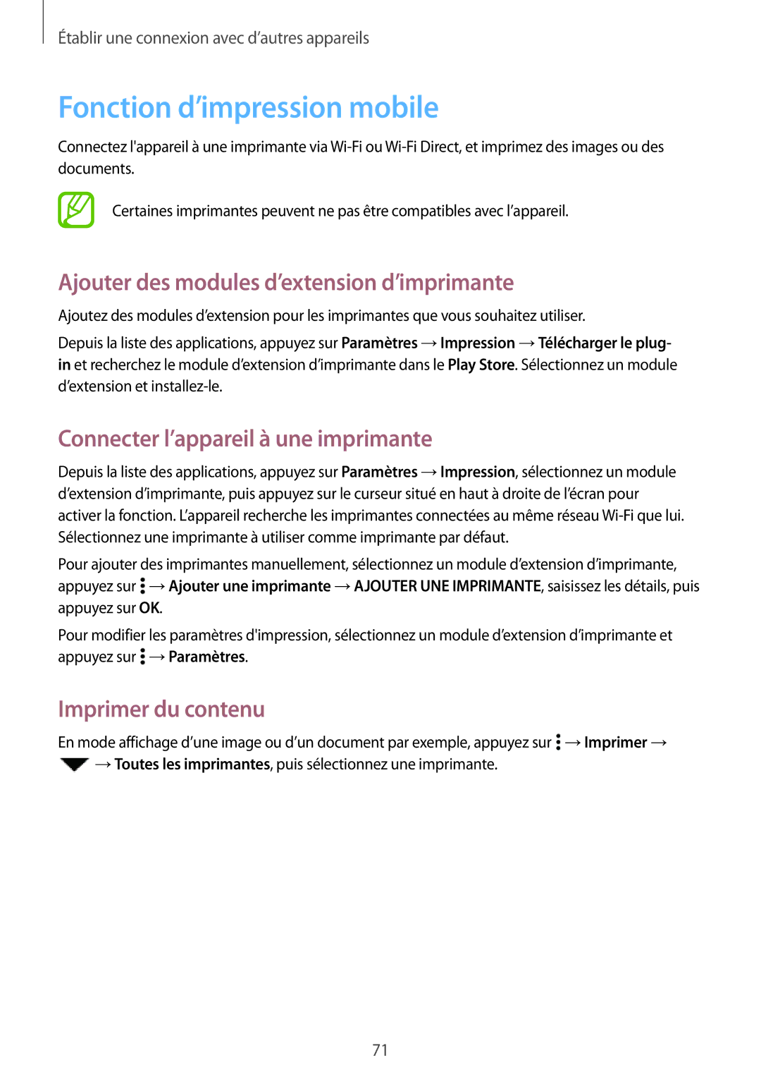 Samsung SM-G531FZAAXEF Fonction d’impression mobile, Ajouter des modules d’extension d’imprimante, Imprimer du contenu 