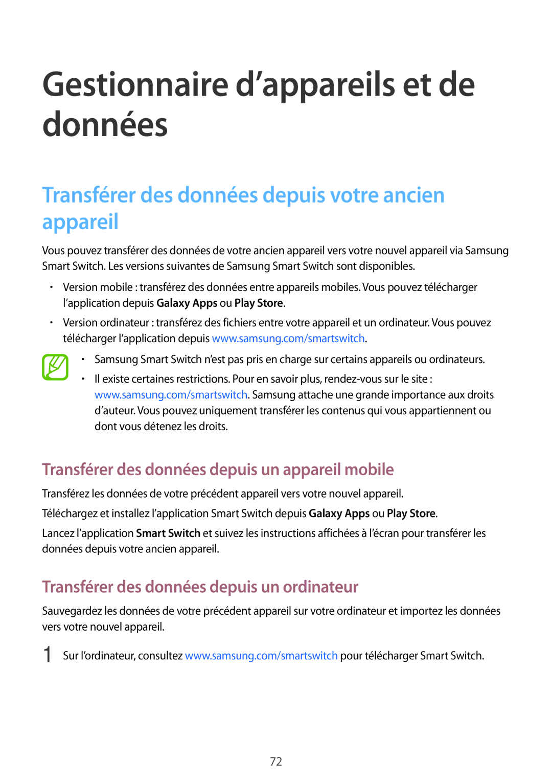 Samsung SM-G531FZDAXEF manual Gestionnaire d’appareils et de données, Transférer des données depuis votre ancien appareil 