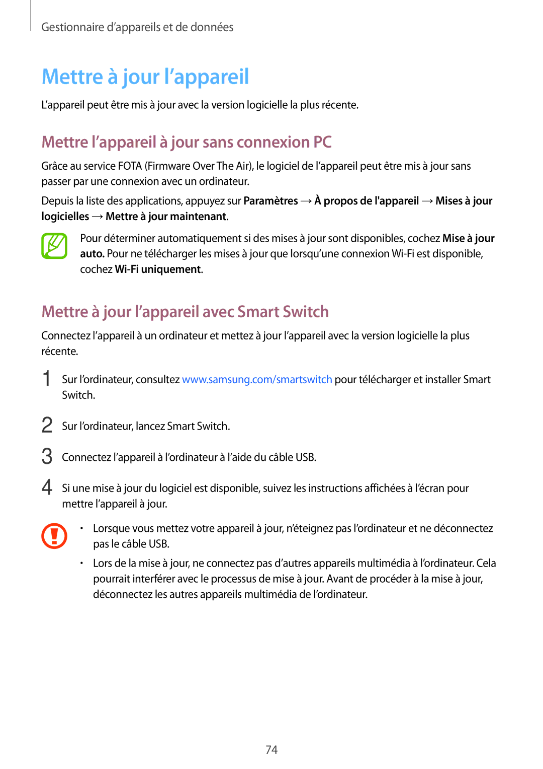 Samsung SM-G531FZAAXEF, SM-G531FZDAXEF, SM-G531FZWAXEF Mettre à jour l’appareil, Mettre l’appareil à jour sans connexion PC 