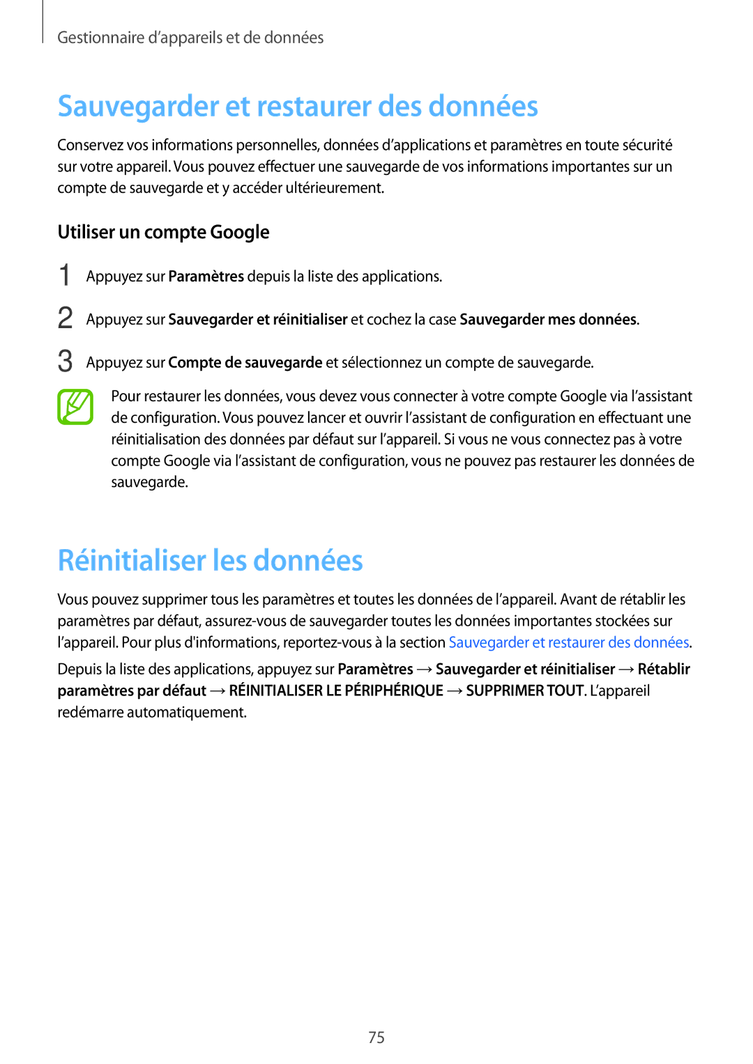 Samsung SM-G531FZDAXEF manual Sauvegarder et restaurer des données, Réinitialiser les données, Utiliser un compte Google 