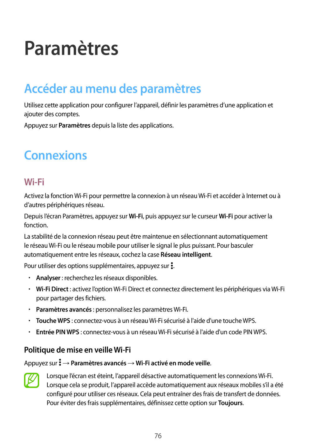 Samsung SM-G531FZWAXEF manual Paramètres, Accéder au menu des paramètres, Connexions, Politique de mise en veille Wi-Fi 