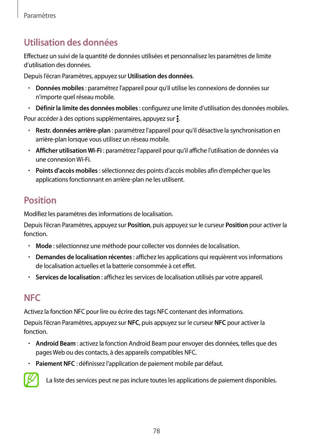 Samsung SM-G531FZDAXEF, SM-G531FZWAXEF, SM-G531FZAAXEF manual Utilisation des données, Position 