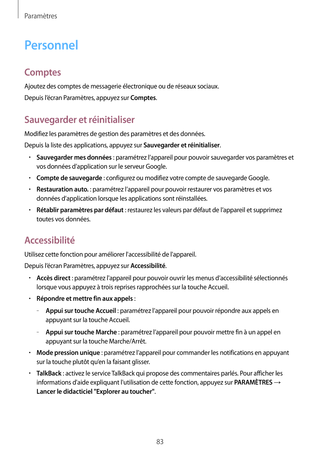 Samsung SM-G531FZAAXEF, SM-G531FZDAXEF, SM-G531FZWAXEF manual Personnel, Comptes, Sauvegarder et réinitialiser, Accessibilité 