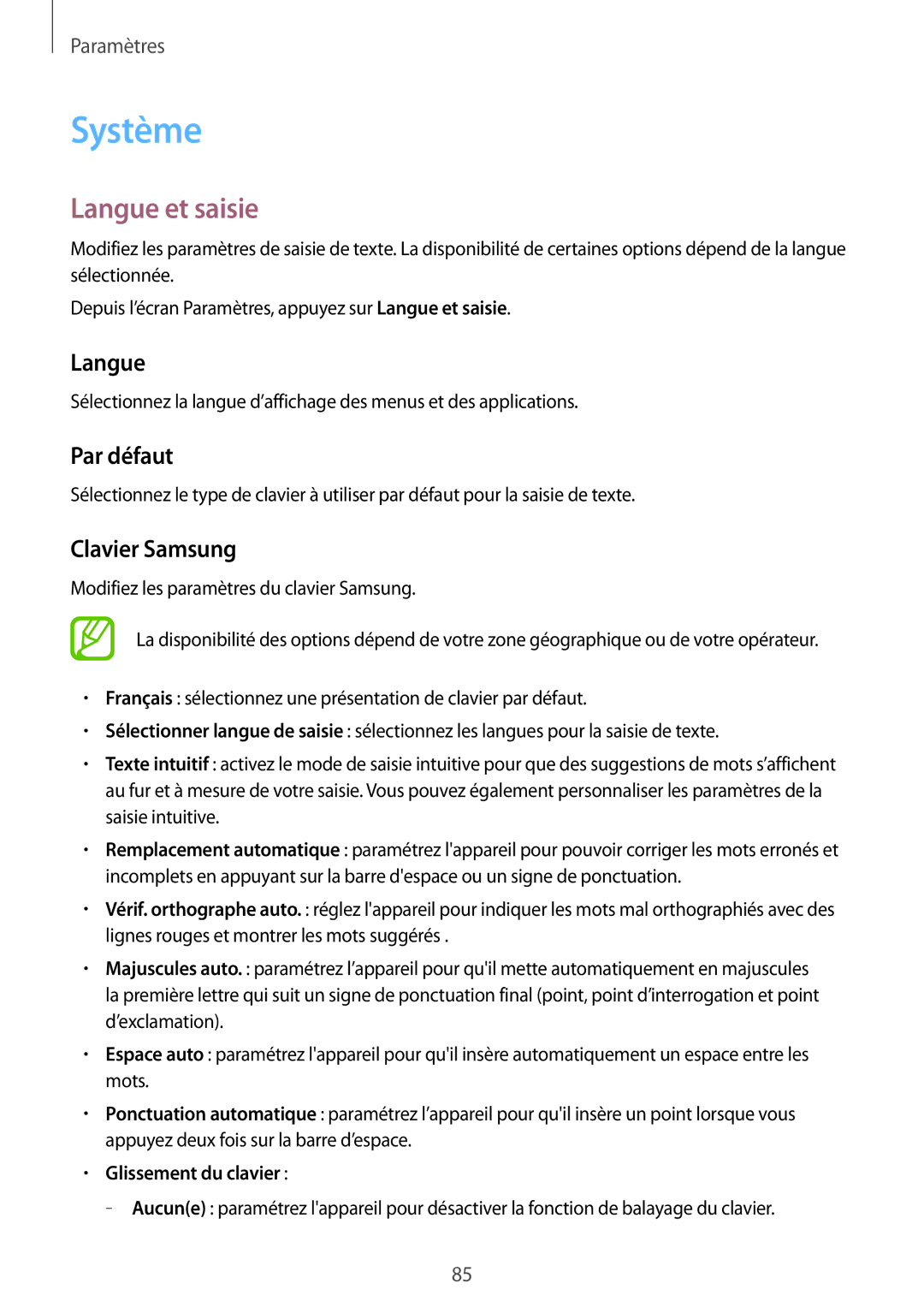 Samsung SM-G531FZWAXEF, SM-G531FZDAXEF, SM-G531FZAAXEF manual Système, Langue et saisie, Par défaut, Clavier Samsung 