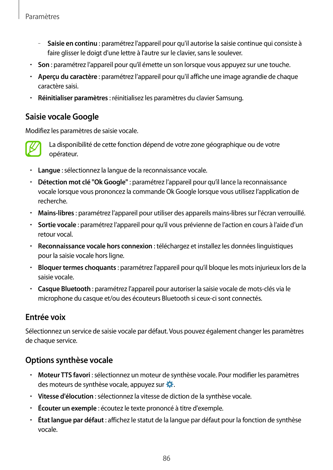 Samsung SM-G531FZAAXEF, SM-G531FZDAXEF, SM-G531FZWAXEF manual Saisie vocale Google, Entrée voix, Options synthèse vocale 