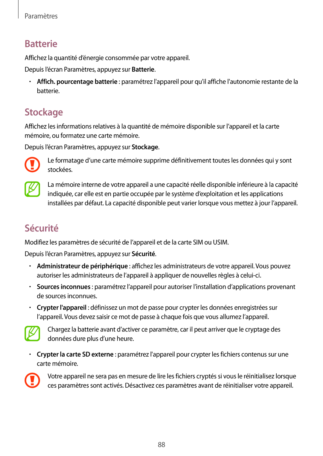 Samsung SM-G531FZWAXEF, SM-G531FZDAXEF, SM-G531FZAAXEF manual Batterie, Stockage, Sécurité 