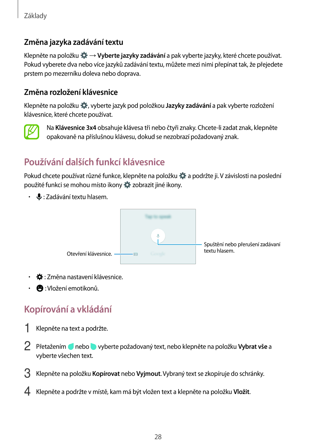 Samsung SM-G531FZAAETL manual Používání dalších funkcí klávesnice, Kopírování a vkládání, Změna jazyka zadávání textu 