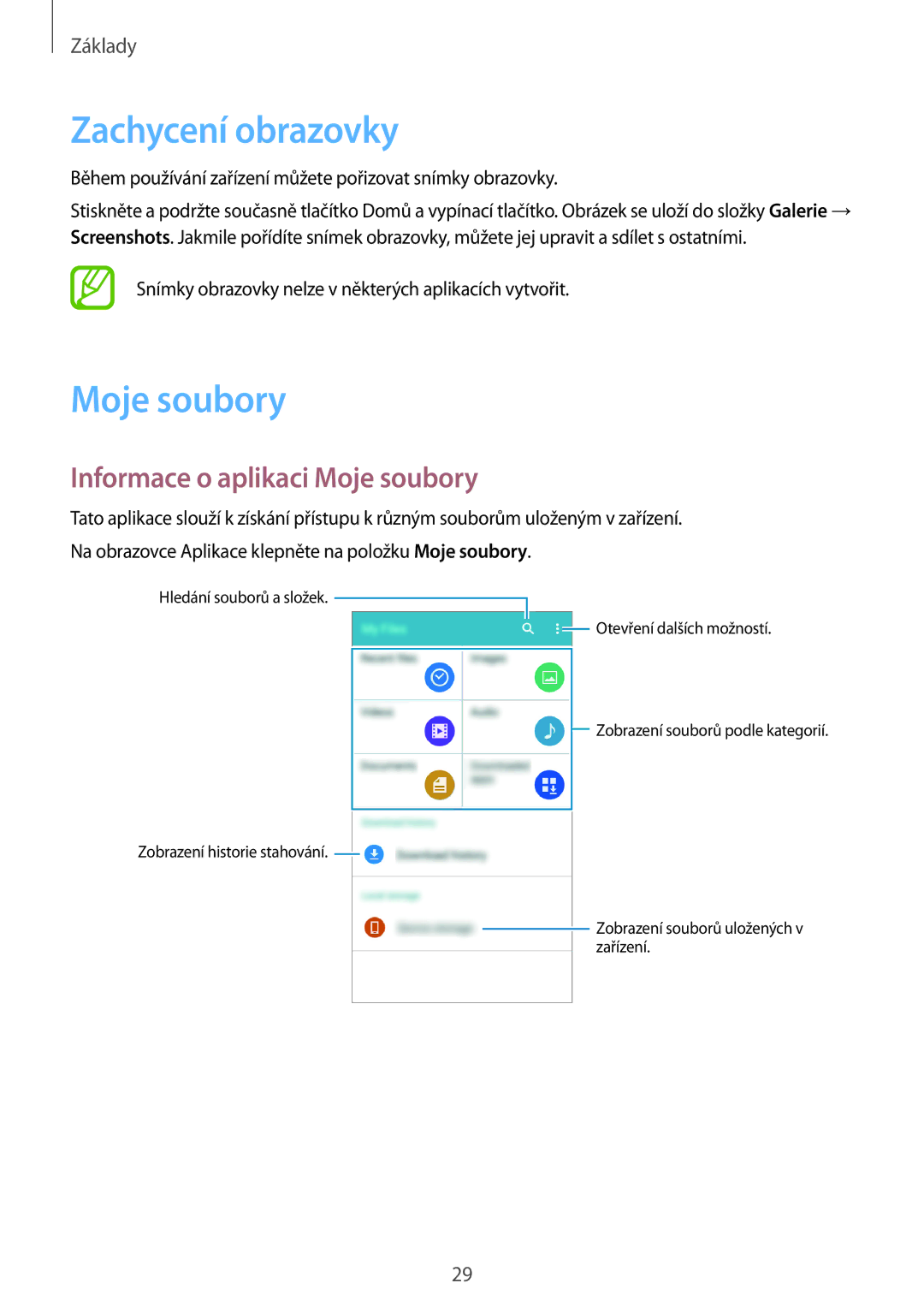 Samsung SM-G531FZWAXEH, SM-G531FZWACOS, SM-G531FZAAPLS manual Zachycení obrazovky, Informace o aplikaci Moje soubory 