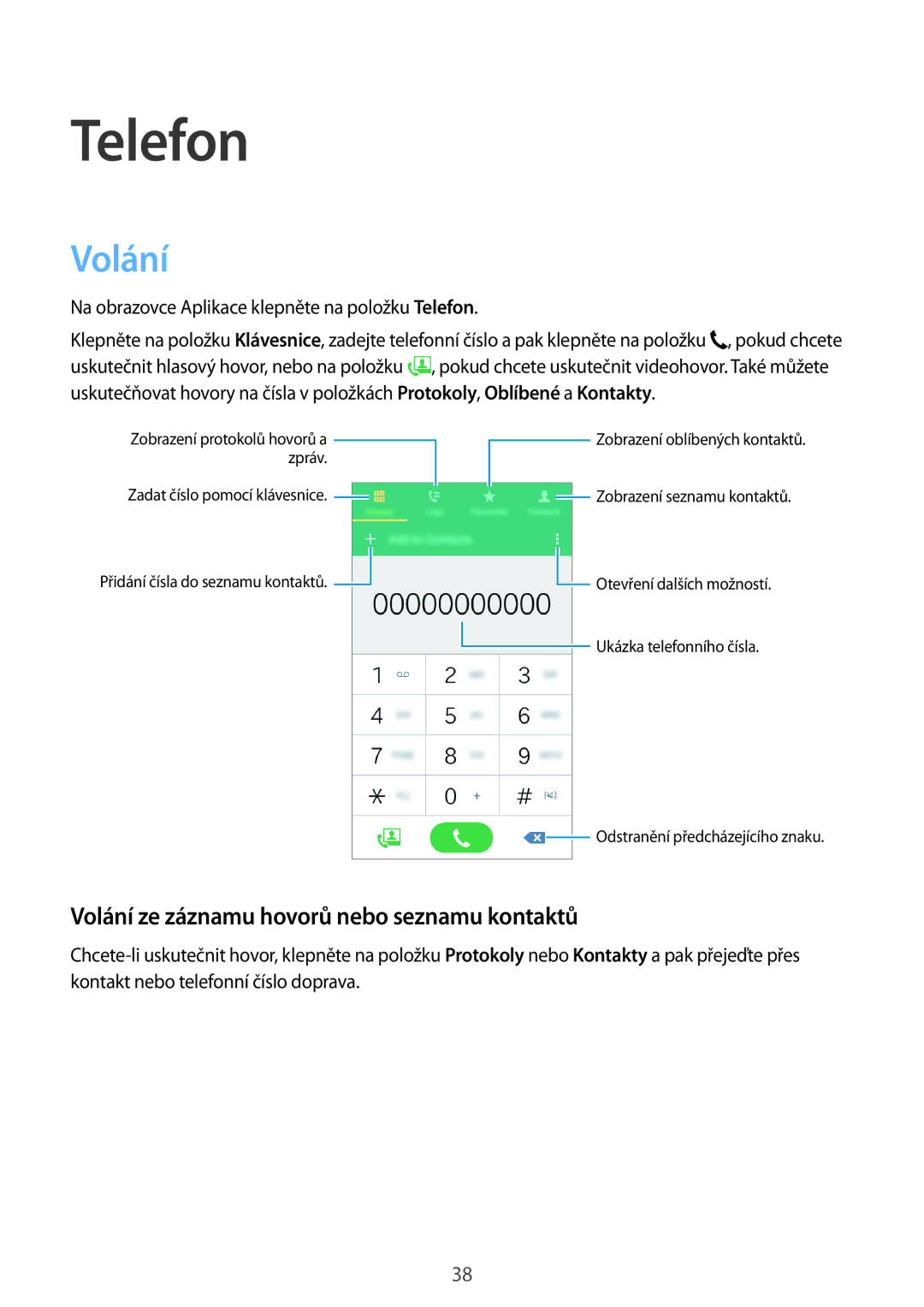 Samsung SM2G531FZAATMH, SM-G531FZWACOS, SM-G531FZAAPLS manual Telefon, Volání ze záznamu hovorů nebo seznamu kontaktů 