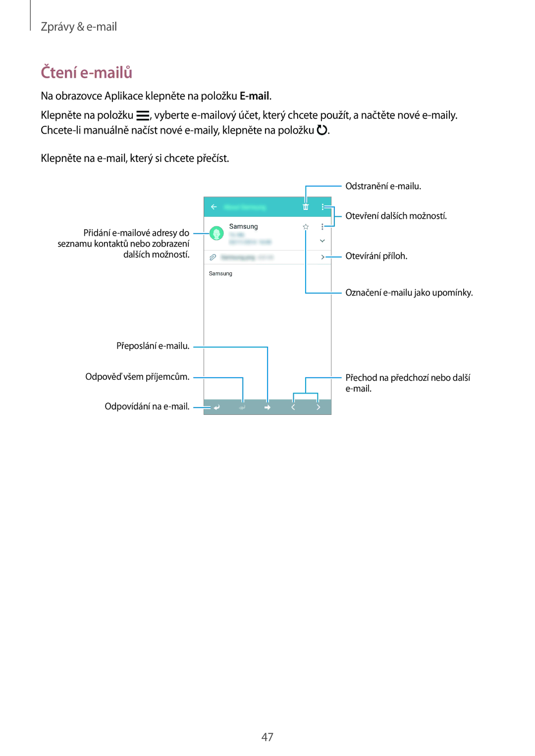 Samsung SM-G531FZWAPRT, SM-G531FZWACOS, SM-G531FZAAPLS, SM-G531FZAADPL, SM-G531FZWAIDE, SM-G531FZAAIDE manual Čtení e-mailů 