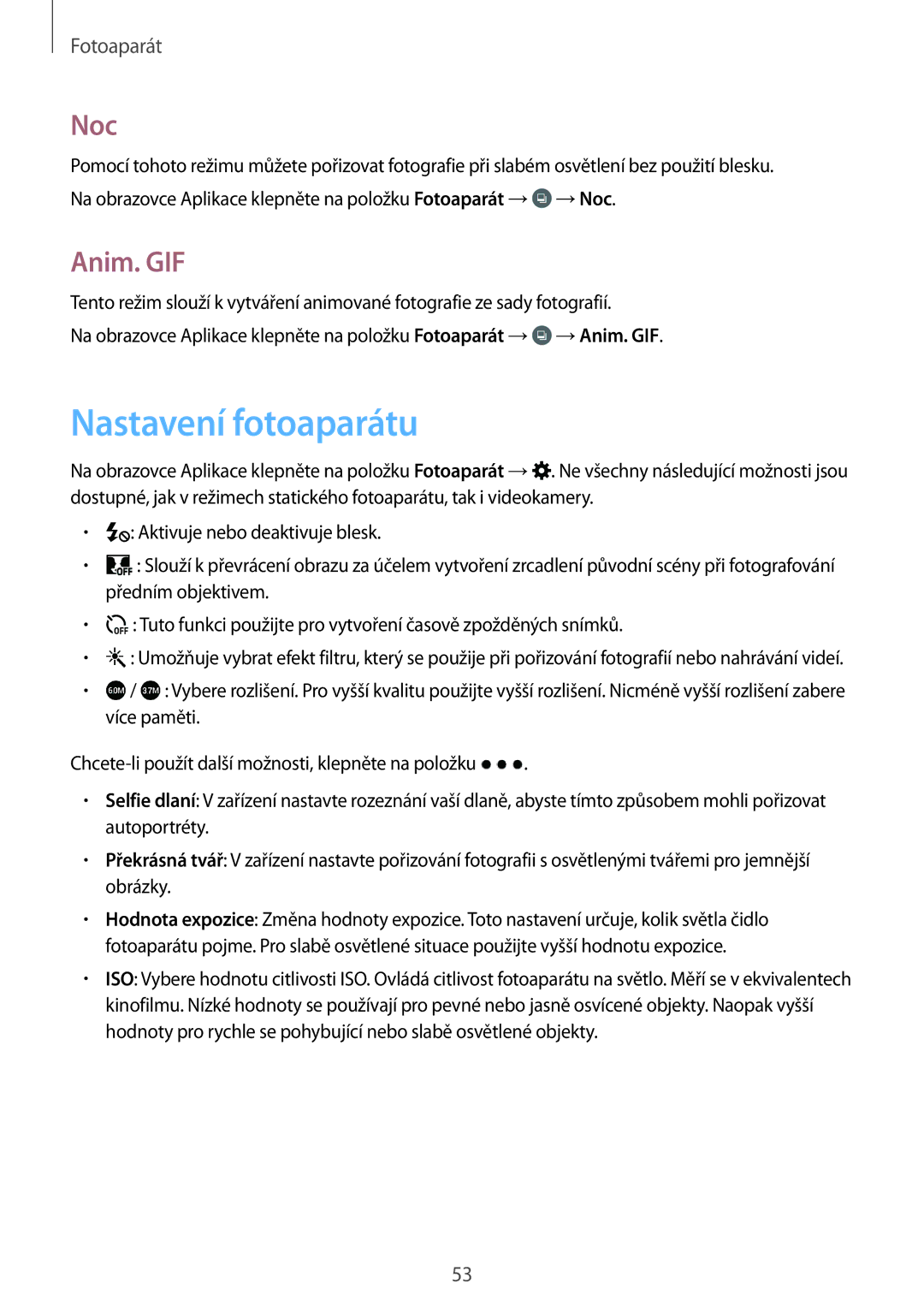 Samsung SM-G531FZAAATO, SM-G531FZWACOS, SM-G531FZAAPLS, SM-G531FZAADPL, SM-G531FZWAIDE Nastavení fotoaparátu, Noc, Anim. GIF 