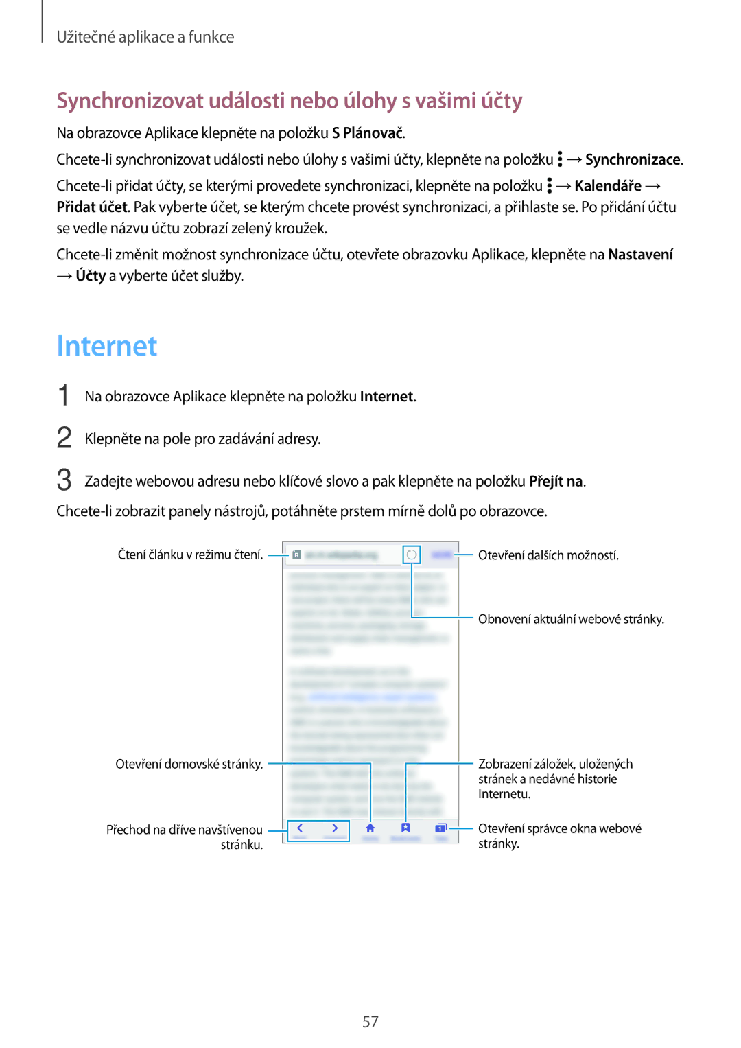 Samsung SM2G531FZWAETL, SM-G531FZWACOS, SM-G531FZAAPLS manual Internet, Synchronizovat události nebo úlohy s vašimi účty 