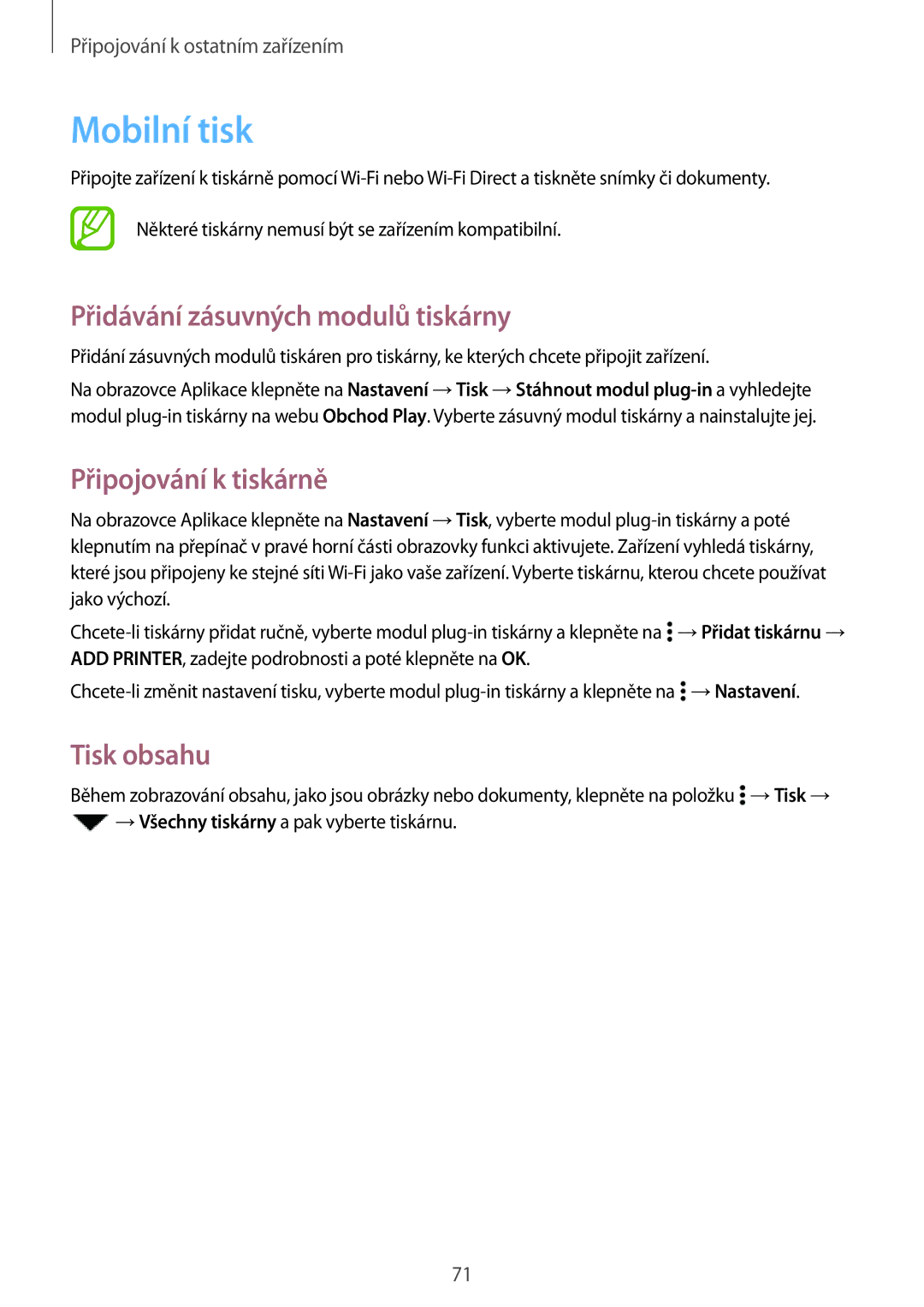 Samsung SM-G531FZDAXEH manual Mobilní tisk, Přidávání zásuvných modulů tiskárny, Připojování k tiskárně, Tisk obsahu 