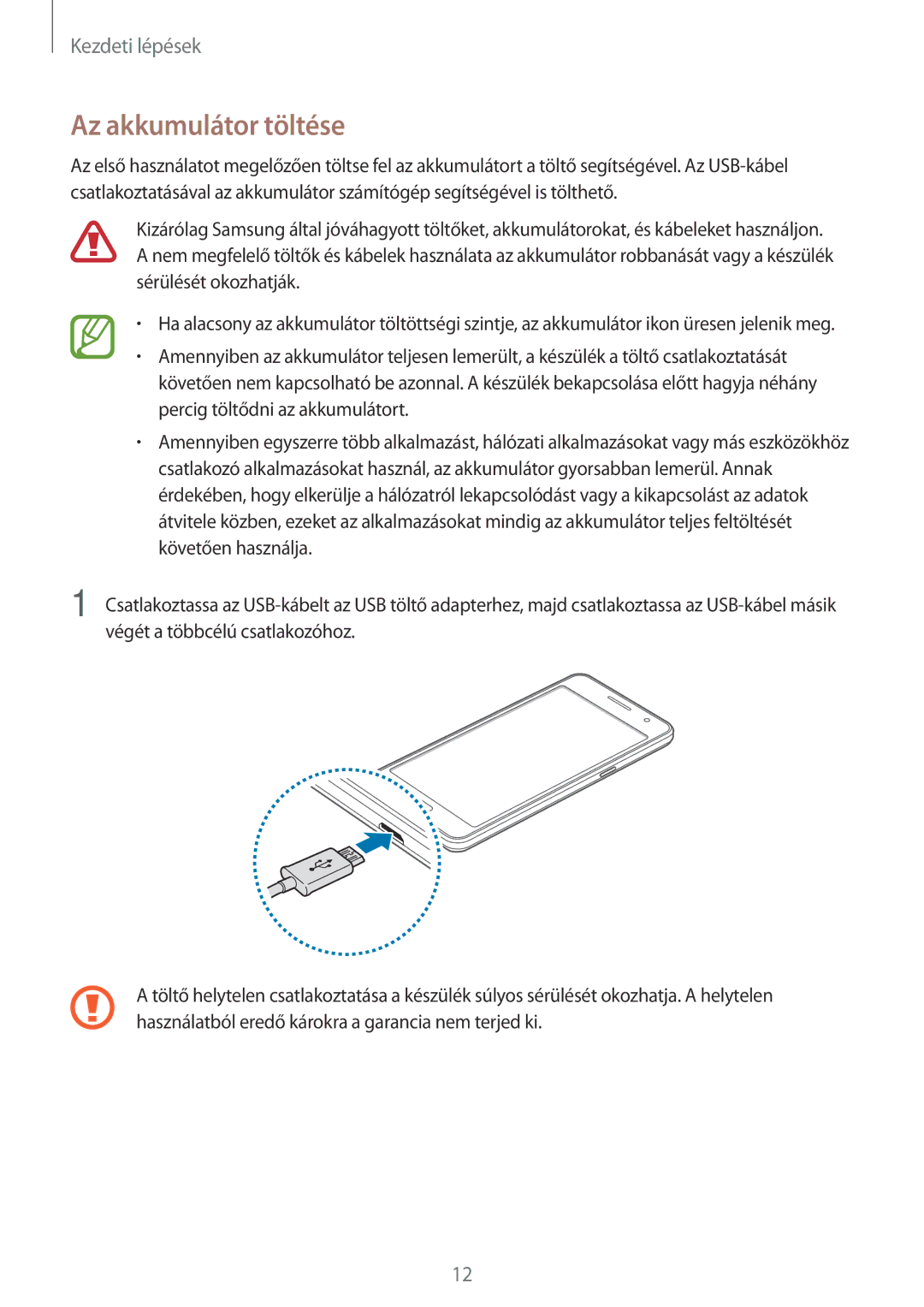 Samsung SM-G531FZAAPRT, SM-G531FZWACOS, SM-G531FZAAPLS, SM-G531FZAADPL, SM-G531FZWAIDE, SM-G531FZAAIDE Az akkumulátor töltése 